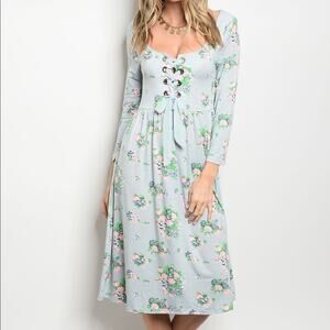 Floral Midi Dress Lace Up Blue Long Sleeve